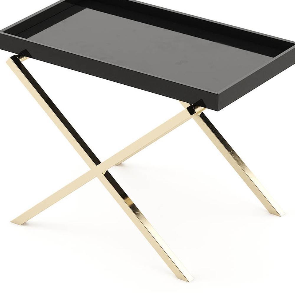 Portuguese Cross Gold Legs Side Table with Varnished Black Oak Top