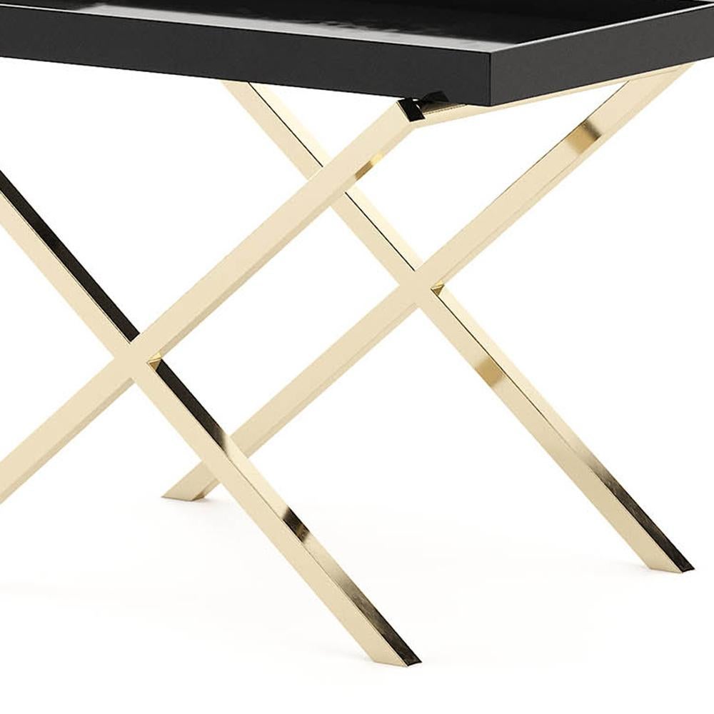 Polished Cross Gold Legs Side Table with Varnished Black Oak Top