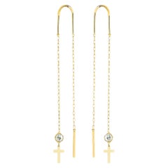 Cross Gold Threader Chain Earrings, 14k Gold Cross Earrings