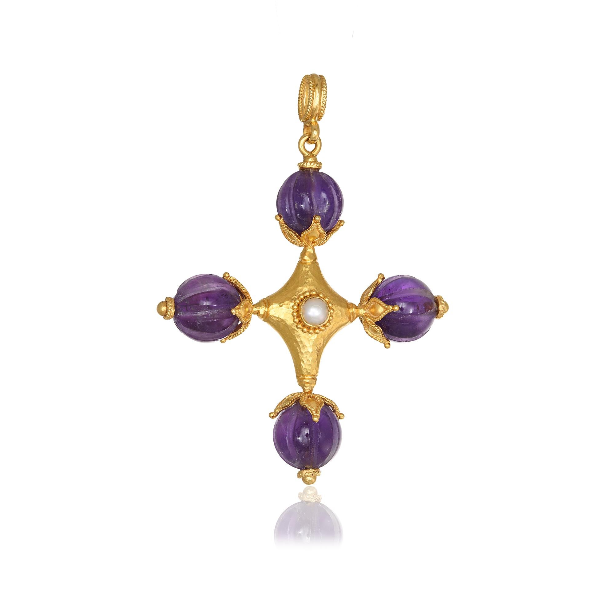 Cross Hand hammering  Pendant Necklace handcrafted in 22Kt yellow gold, featurig pearl center and carved Amethyst in each edge. This One-Of-A-Kind cross is created using the ancestral techniques of hand hammering, granulation and filigree. The 22Kt 