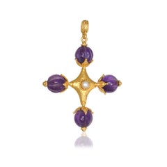 Cross Hand Hammering  Pendant with Carved Amethyst & Round Pearl in 22Kt Gold