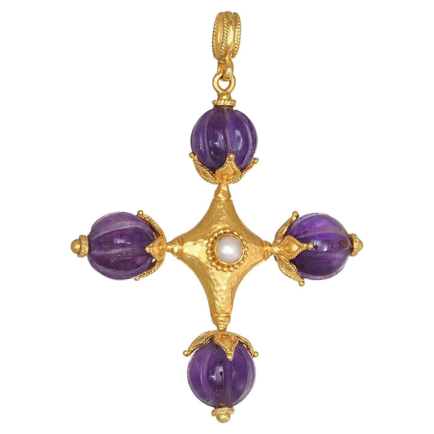 Cross Hand Hammering  Pendant with Carved Amethyst & Round Pearl in 22Kt Gold