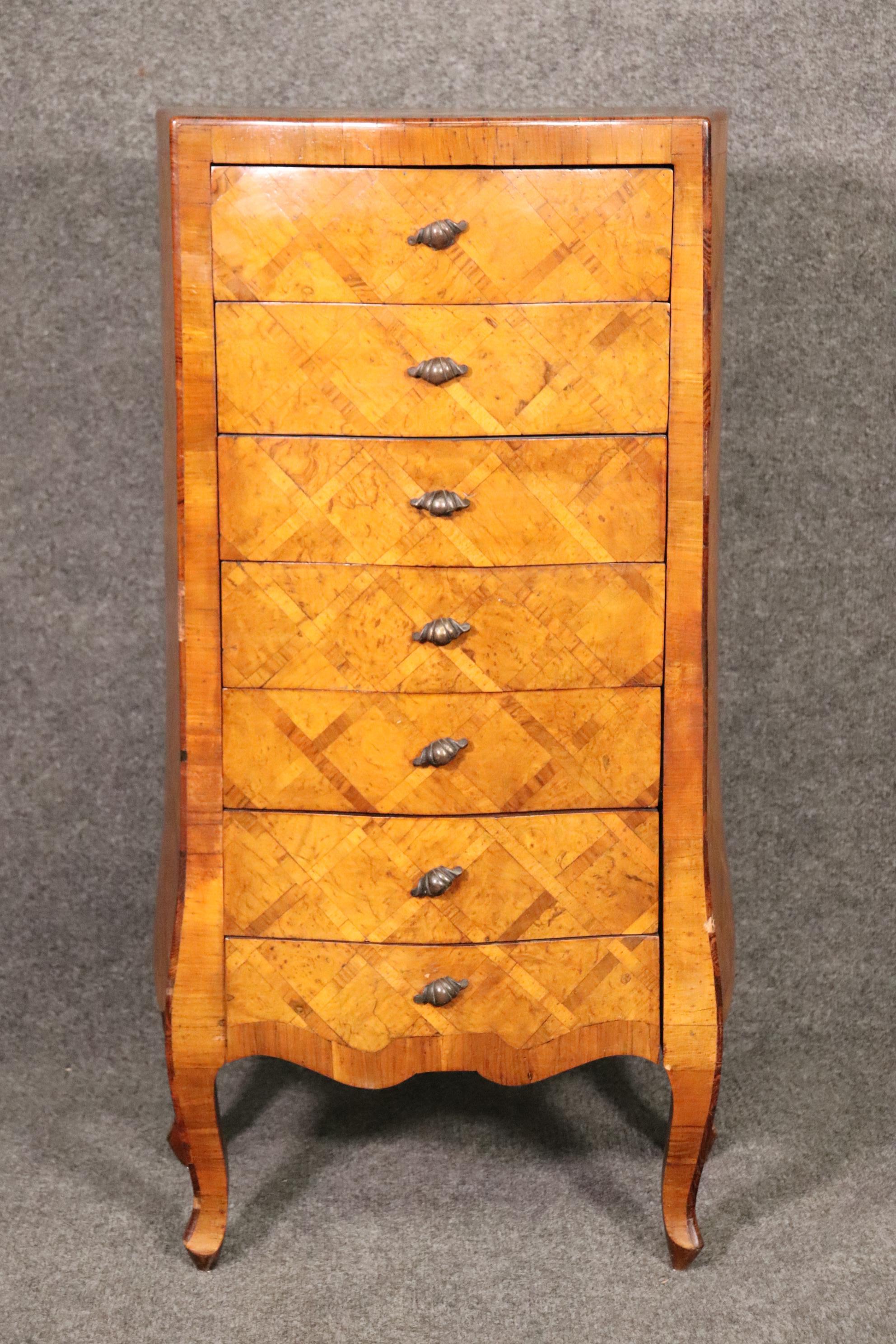 Rococo Revival Cross Hatched Inlaid Olivewood Italian Lingerie High Chest