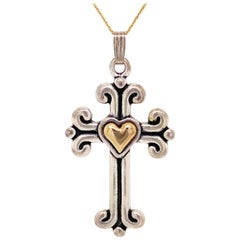 Cross Heart Necklace, 14 Karat Gold, Sterling Silver, Mixed Metal, Faith Love