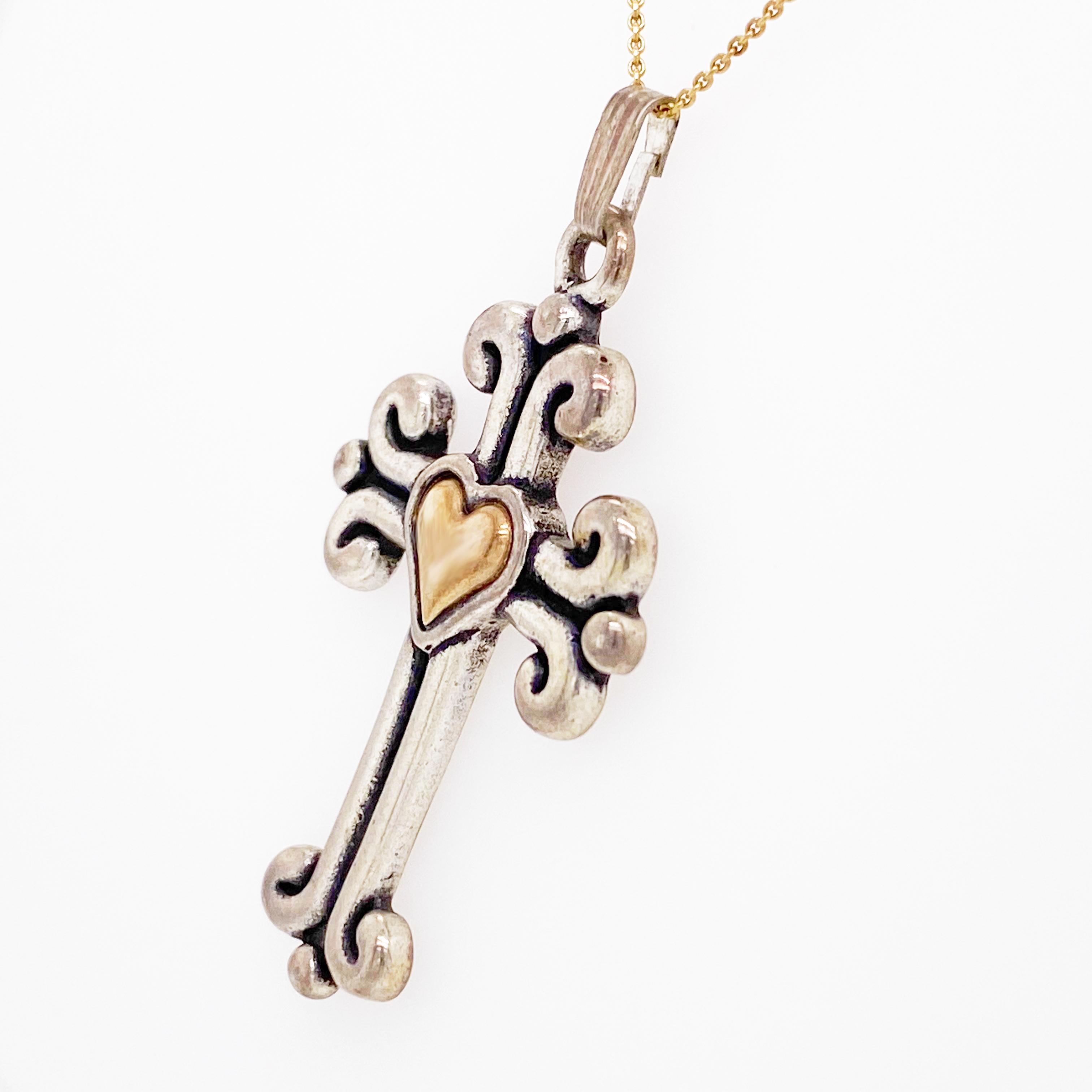 Kreuz-Herz-Halskette, 14 Karat Gold, Sterlingsilber, gemischtes Metall, Glaube Liebe (Moderne)
