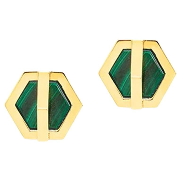 Clous d'oreilles hexagonaux en forme de croix avec pierres, argent jaune et malachite  en vente