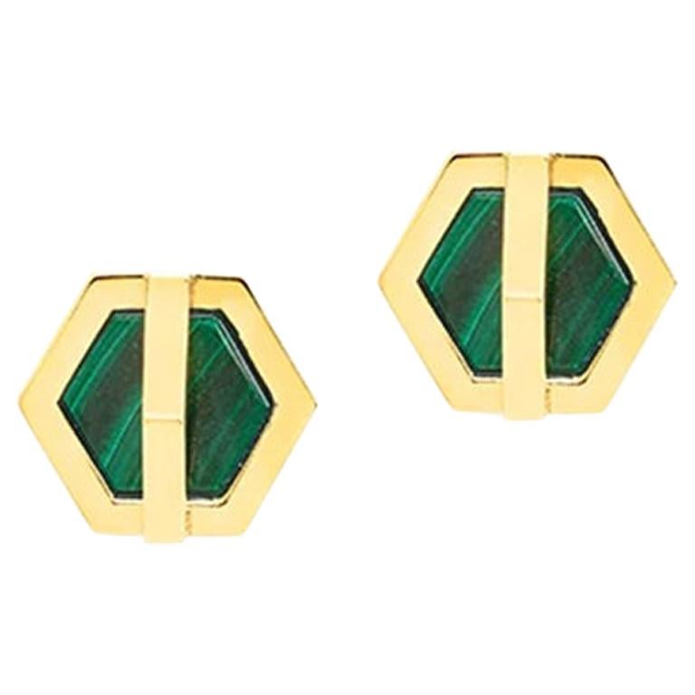 Borchie a croce esagonale con pietre, argento giallo e malachite in vendita