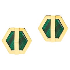 Cross Hexagon Studs with Stones, Yellow Silver and Malachite 