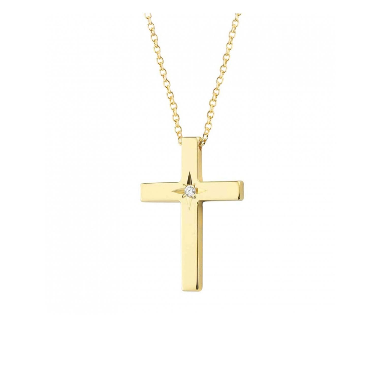 Cross in 14Kt Yellow Gold with 0.020ct Diamond Vintage Star Setting and Chain For Sale 1