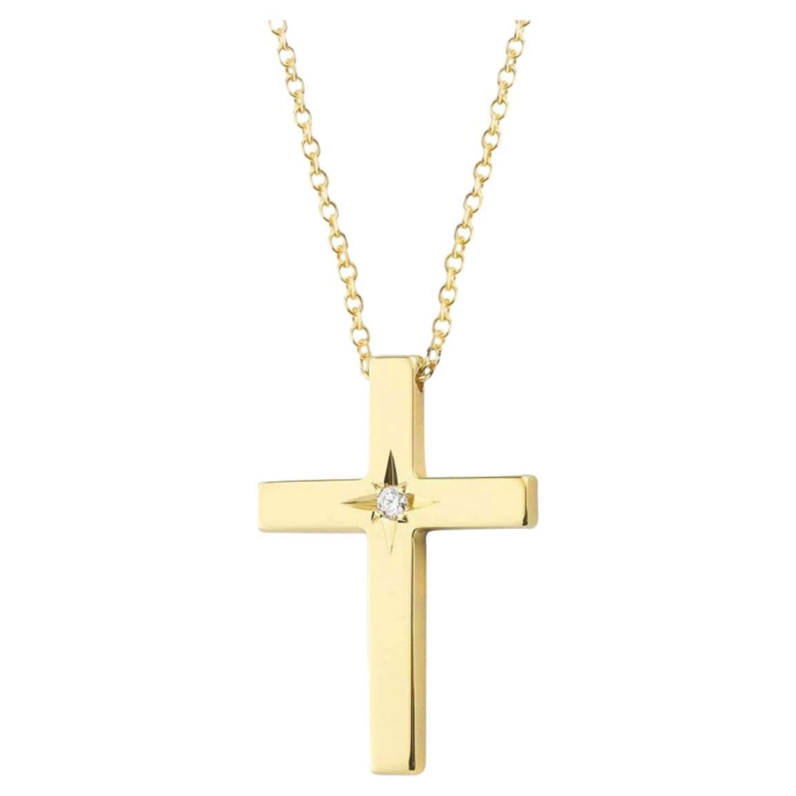 Cross in 14Kt Yellow Gold with 0.020ct Diamond Vintage Star Setting and Chain