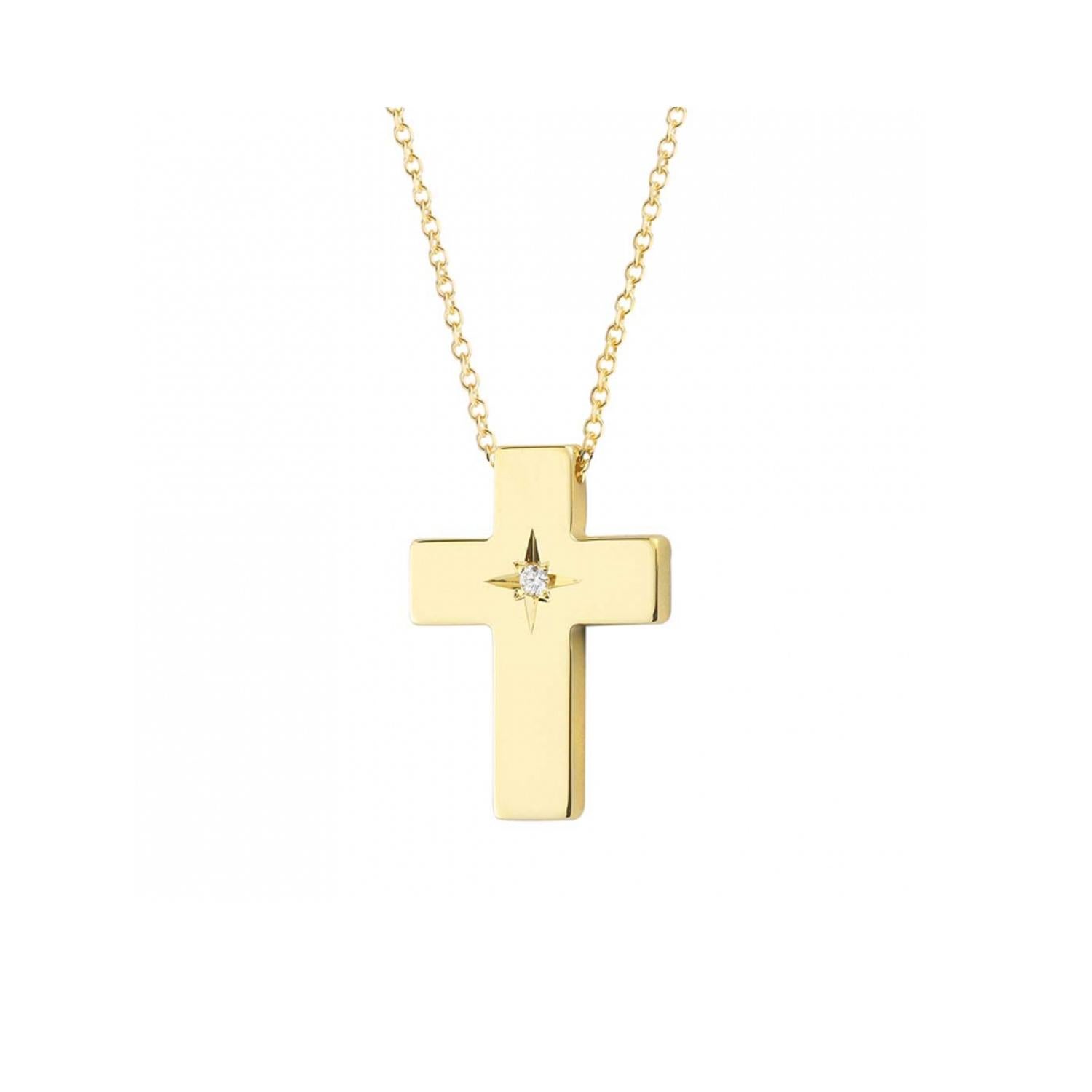 Cross in 14Kt Yellow Gold with Diamond Vintage Star Setting and Chain.
The diamond is a brillant cut in the  centre 0.020ct. A modern cross with a vintage  sense, as  the diamond has the vintage star setting, with a   length of 42 cm that  it's easy