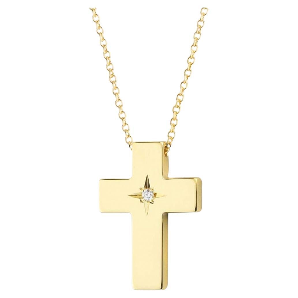 Cross in 14Kt Yellow Gold with Diamond Vintage Star Setting and Chain For Sale