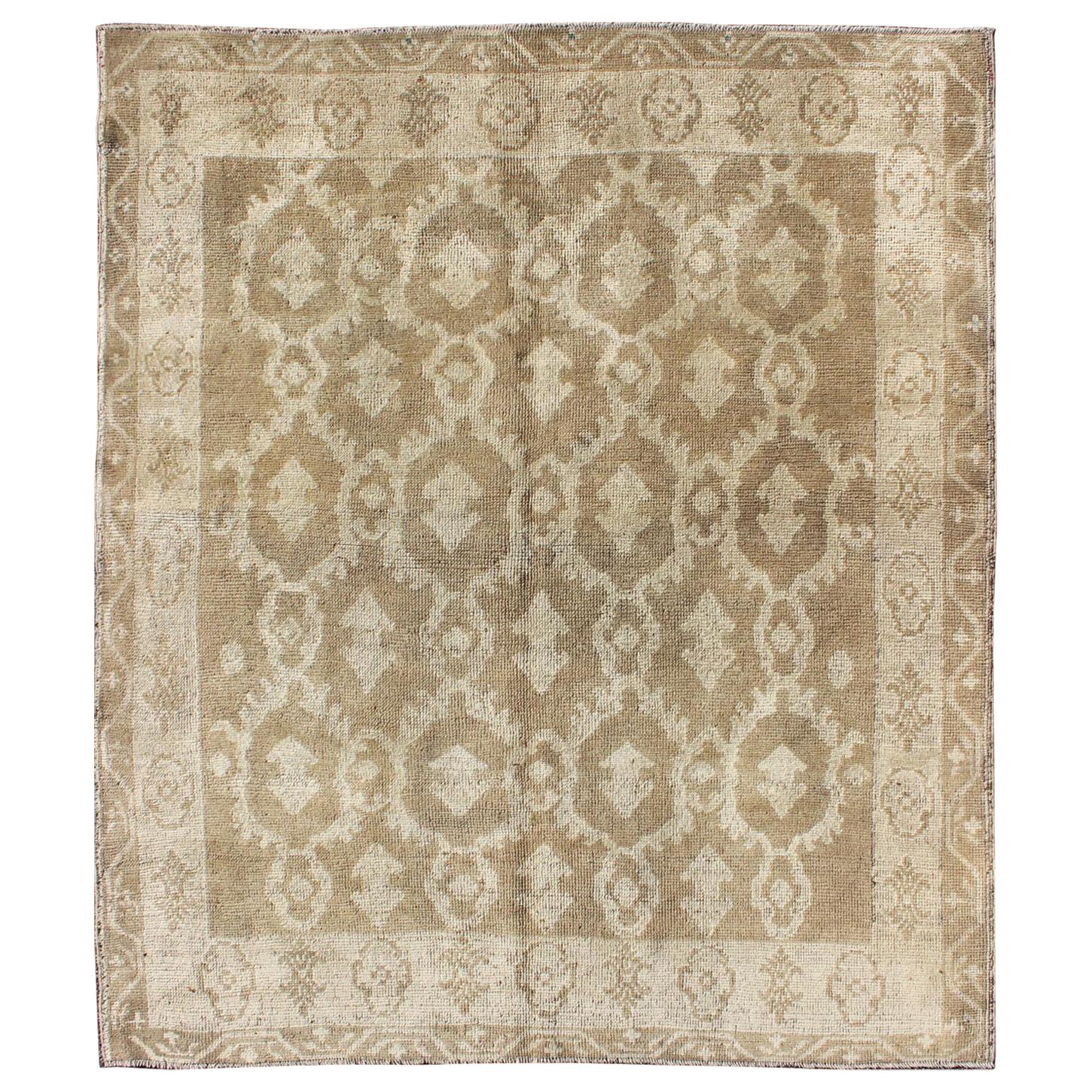 Square Shape Cross-Latch Squarish Turkish Vintage Oushak Rug in Taupe and Cream For Sale