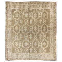 Square Shape Cross-Latch Squarish Turkish Vintage Oushak Rug in Taupe and Cream