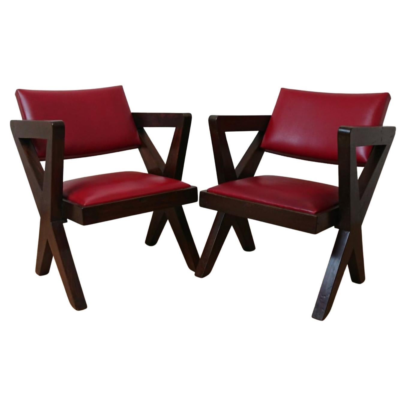 Cross Legs Pair of Armchairs Designed Pierre Jeanneret for Chandigarh For Sale