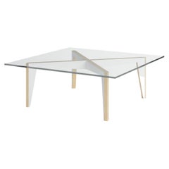 Cross Legs Wood Coffee Table White with Glass Top by Miduny, Made in Italy