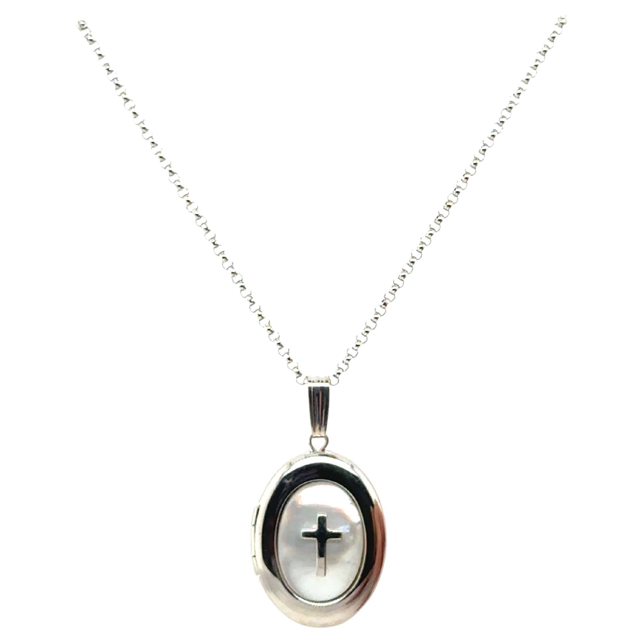 Cross Locket Pendant Necklace Mother of Pearl Sterling Silver