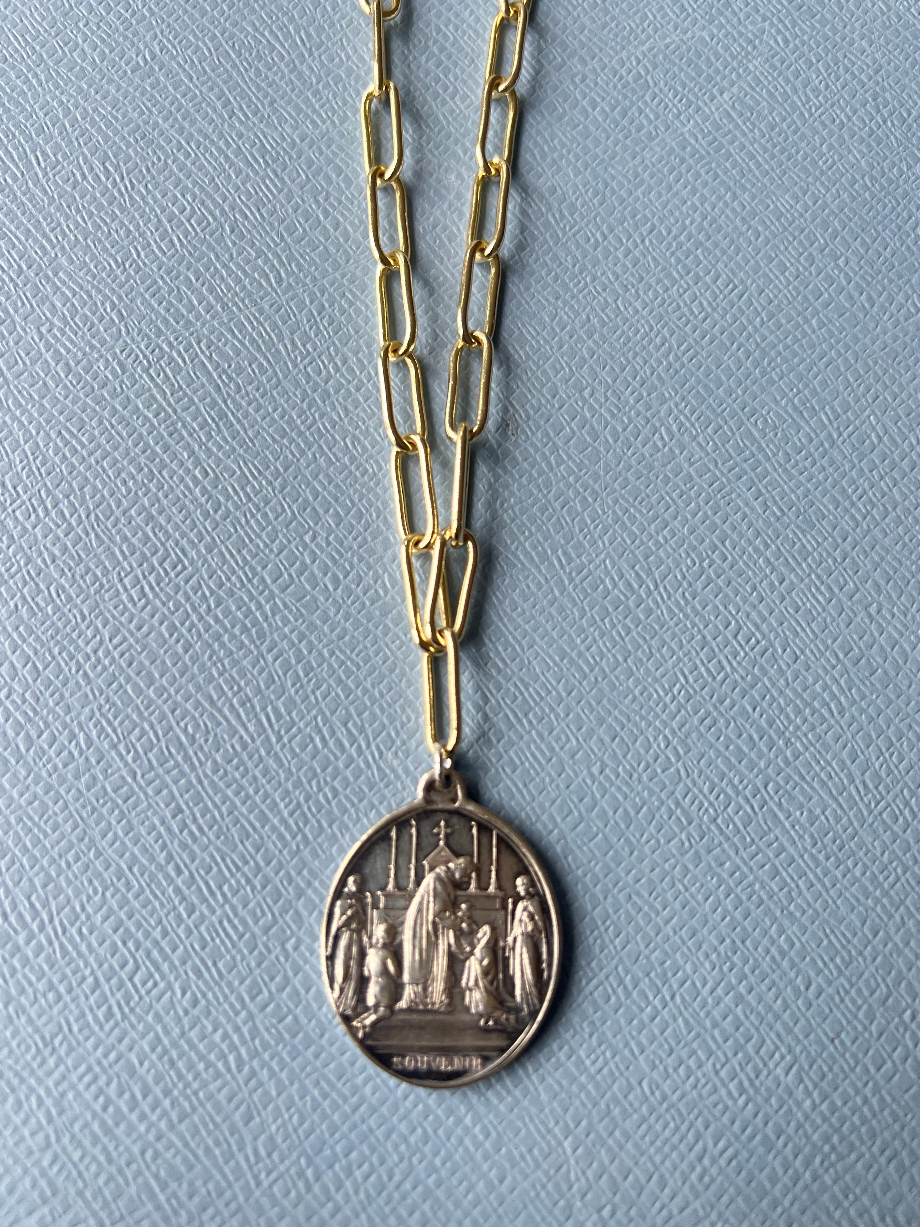 Women's or Men's Cross Medal Chain Necklace Silver Gold Plated Communion Religious Souvenir
