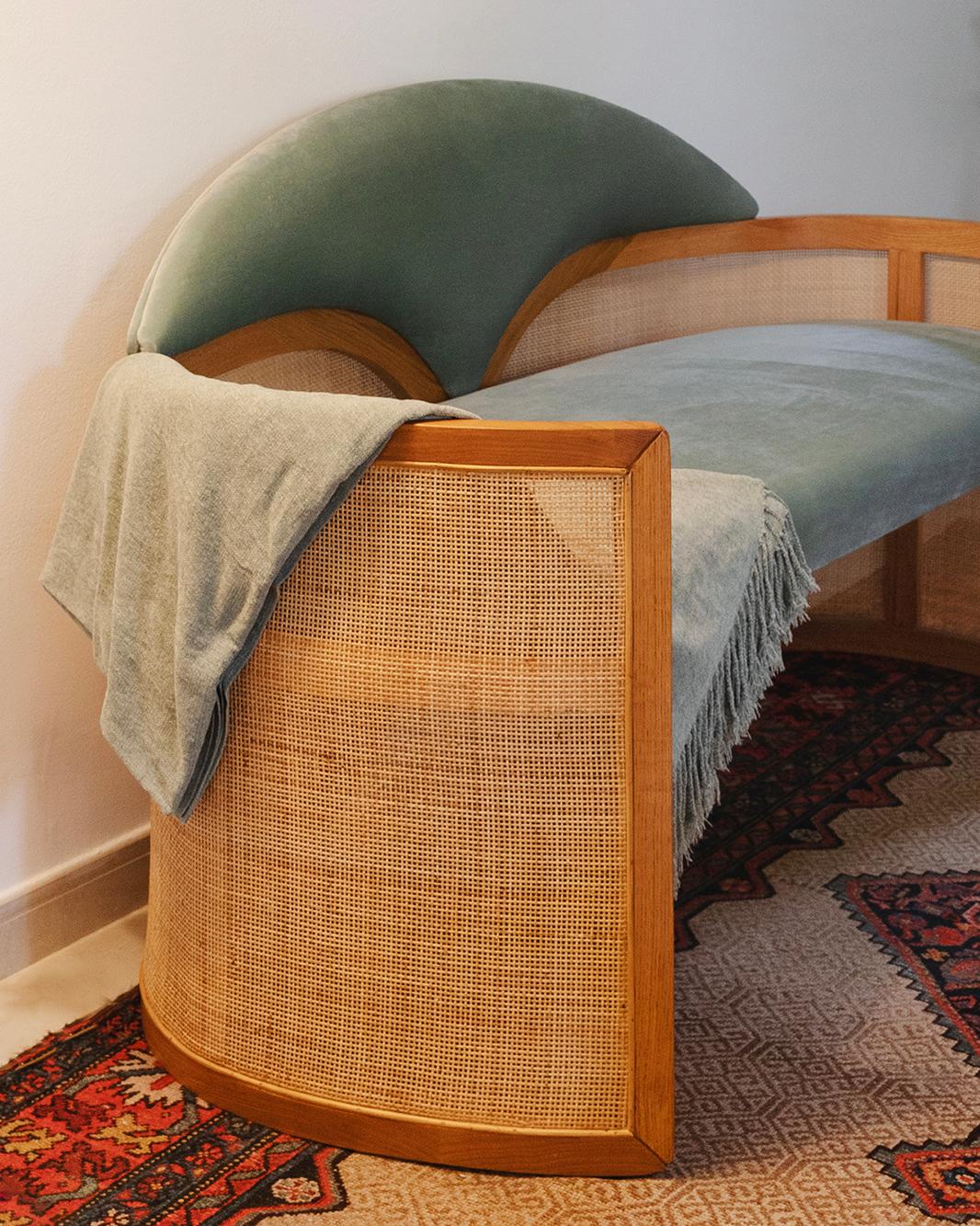Cross My Heart Loveseat by Carla Baz
Dimensions: W 160 X D 70 X H 82 CM
Weight: 55 kg
Material: French Oak, Entirely handcrafted in solid French oak wood with cane weaving.

Cross-my-heart offers a modern take on the traditional cane weaving