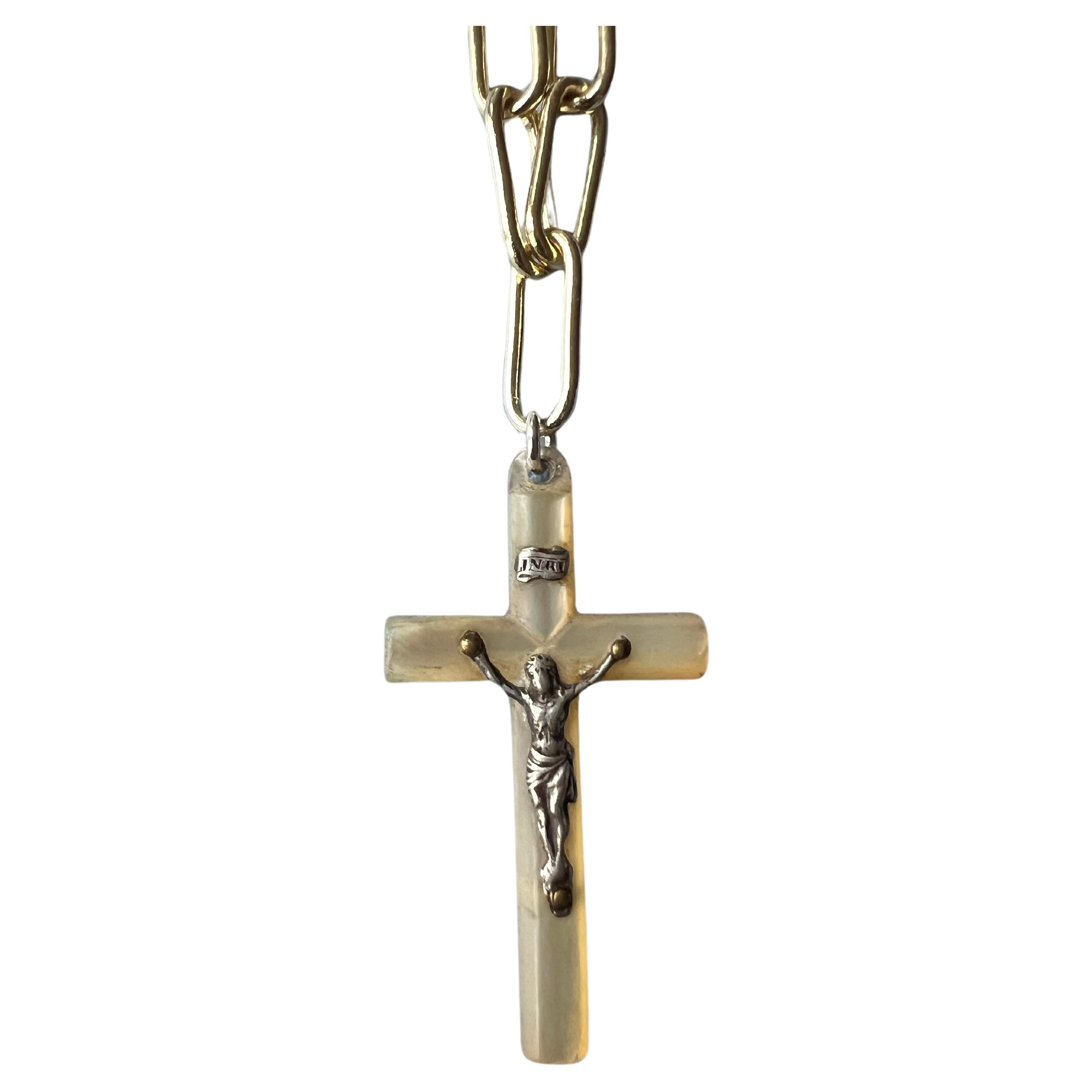 Contemporary Cross Necklace Nacre Silver Vintage Gold Plated J Dauphin
