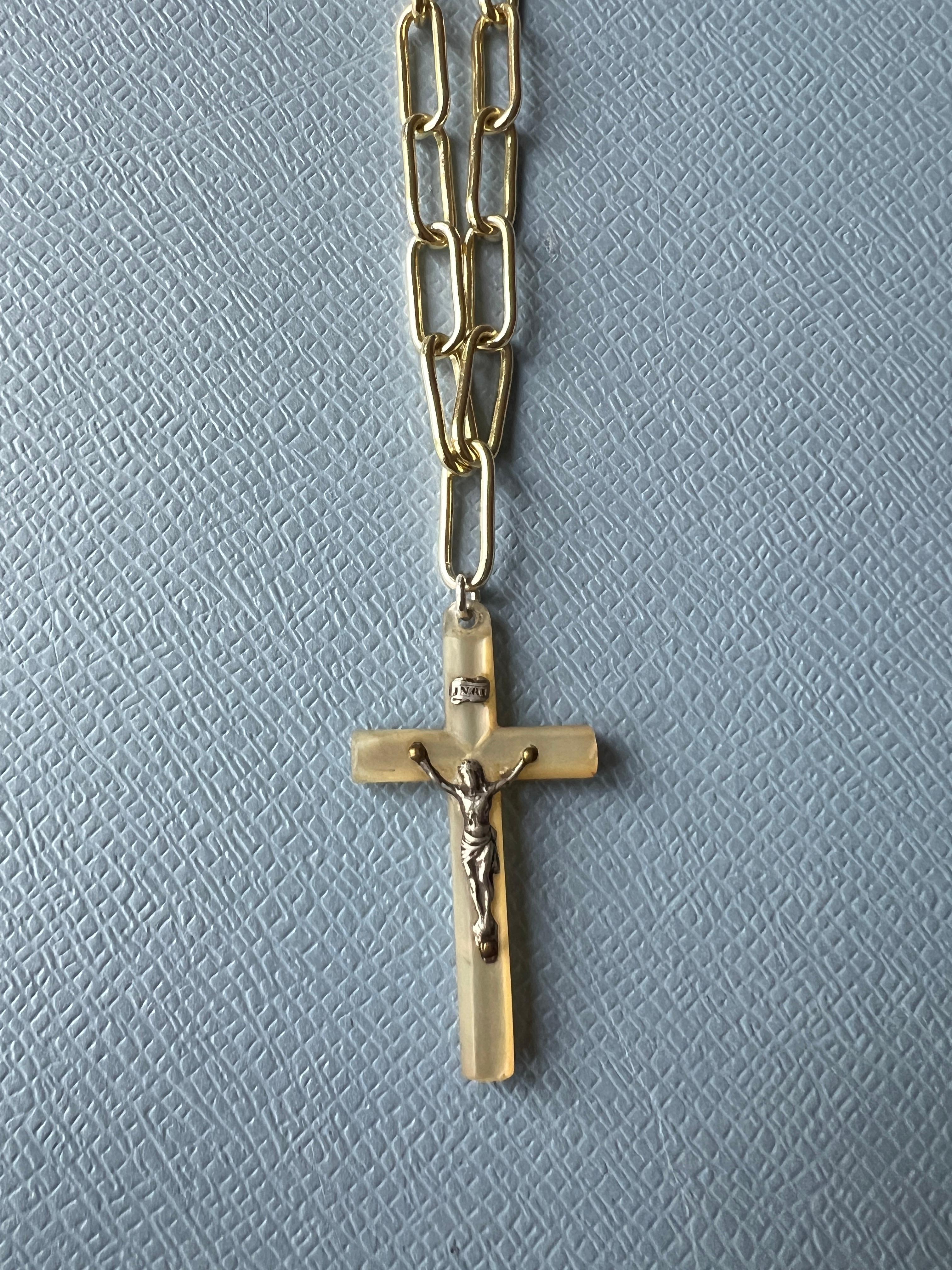 Cross Necklace Nacre Silver Vintage Gold Plated J Dauphin In New Condition In Los Angeles, CA