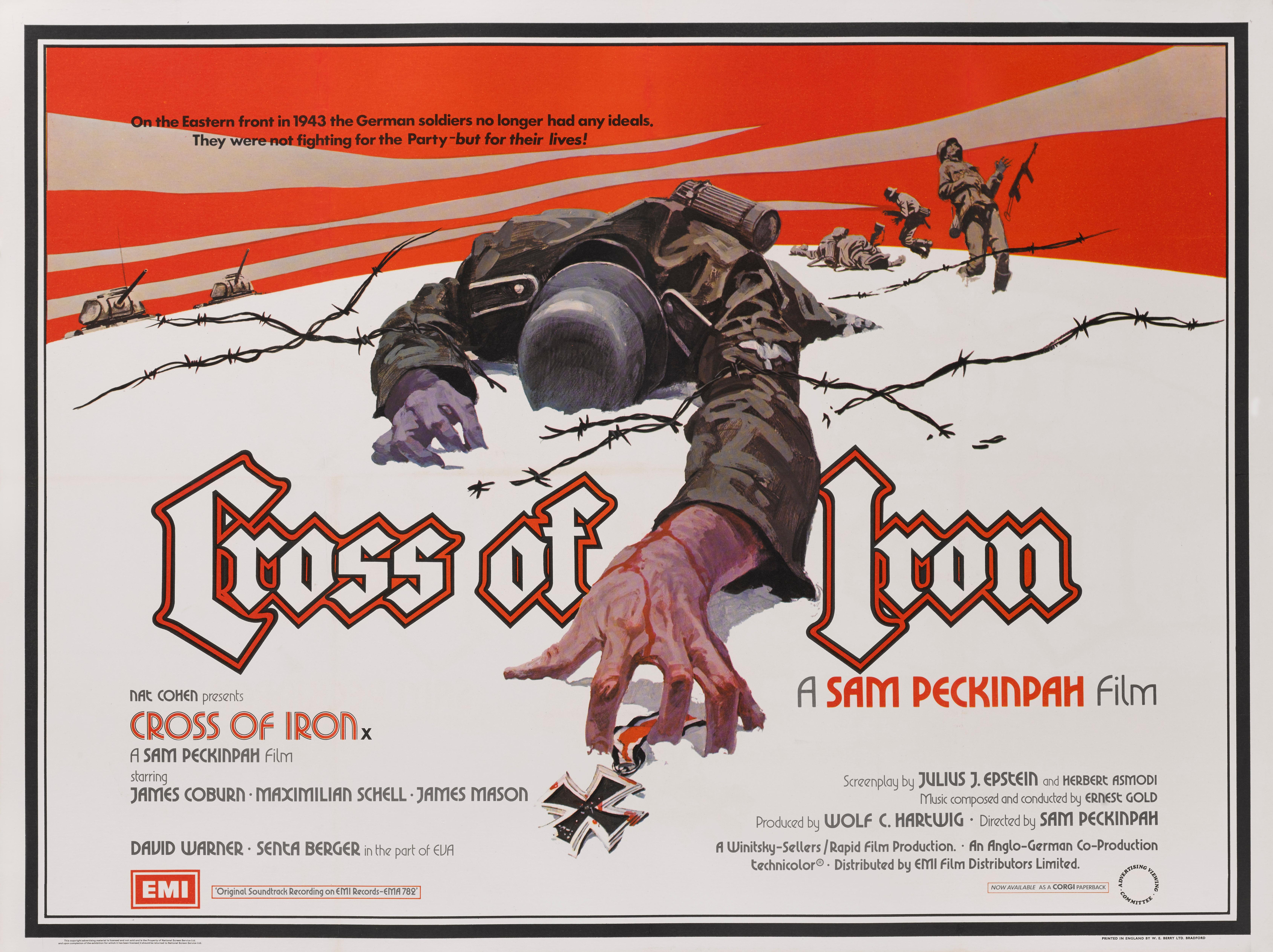 Original British film poster for the the World War II film Cross of Iron 1977.
The film was directed Sam Peckinpah and starred James Coburn, Maximilian Schell, James Mason, David Warner. This poster is conservation line backed and would be shipped