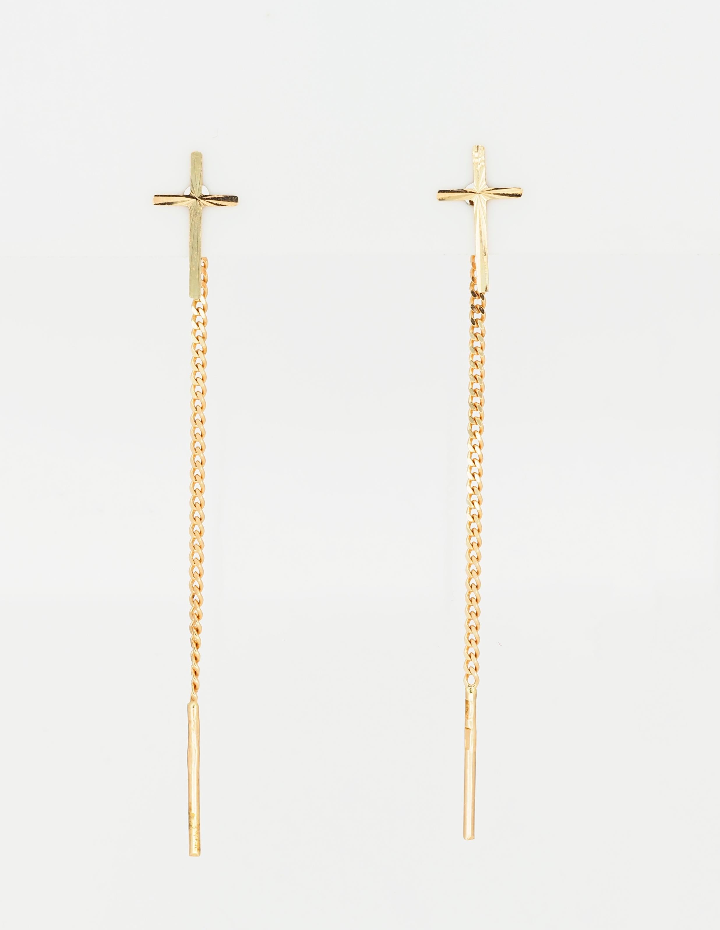 14 k yellow gold cross earrings. Everyday cross earrings. Cross on chain earrings. Cross Cable Chain Earrings.

Metal: 14k yellow gold
Weight: 1.2 g.
Size:  6.2 sm - earring lenght
Pendant size: 8x10mm
Type of earring: Hanging earring


 