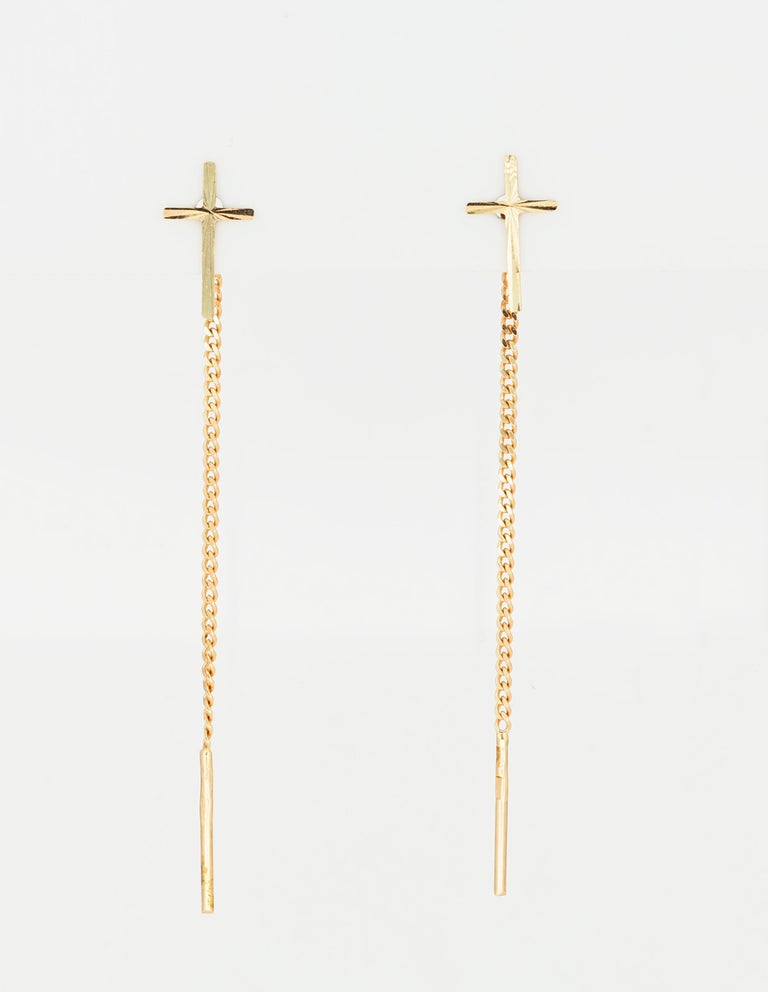 Cross on Chain Earrings, Cross Cable Chain Earrings For Sale at 1stDibs