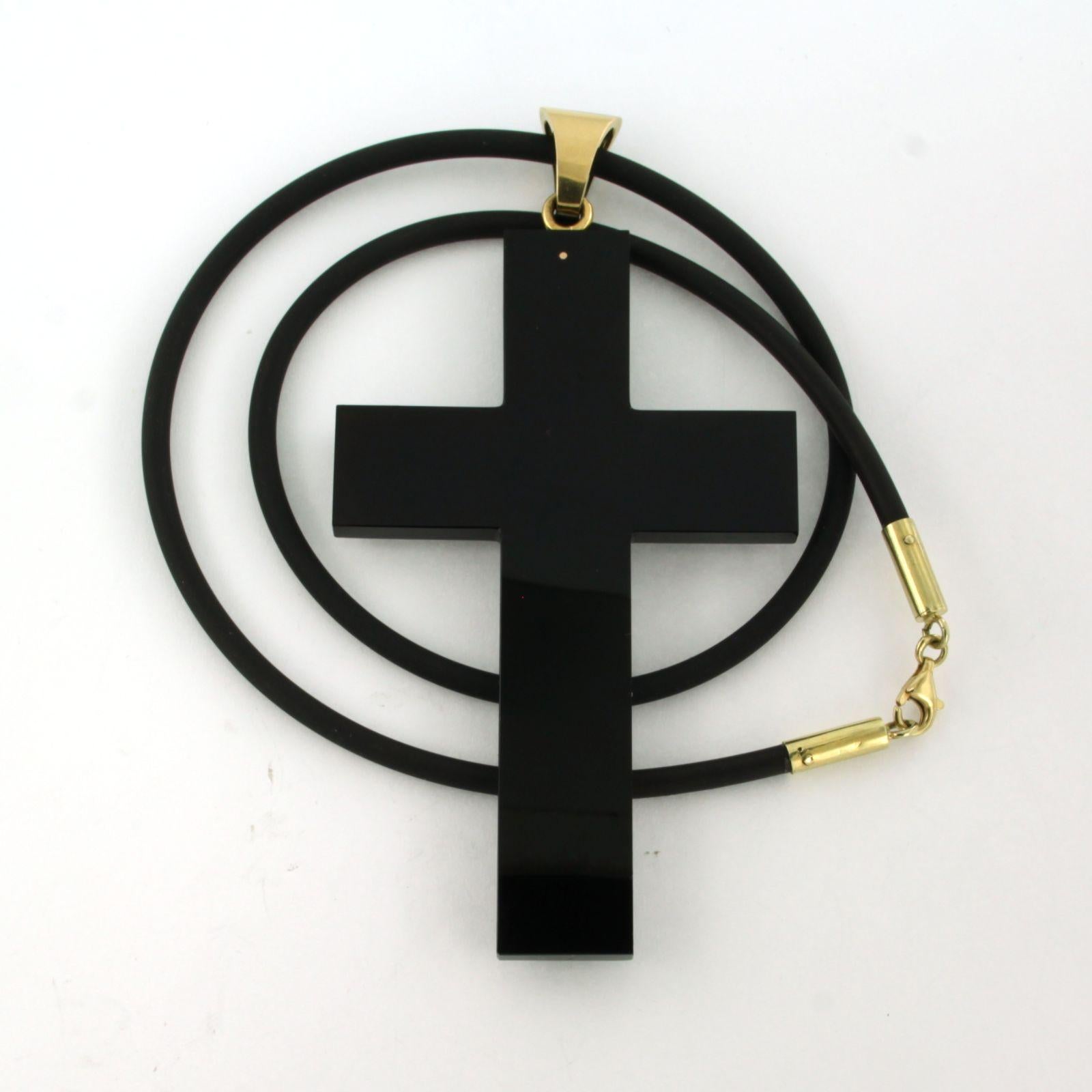 High Victorian Cross onyx pendant with turquoise and diamond on a rubber necklace 14k/18k gold For Sale