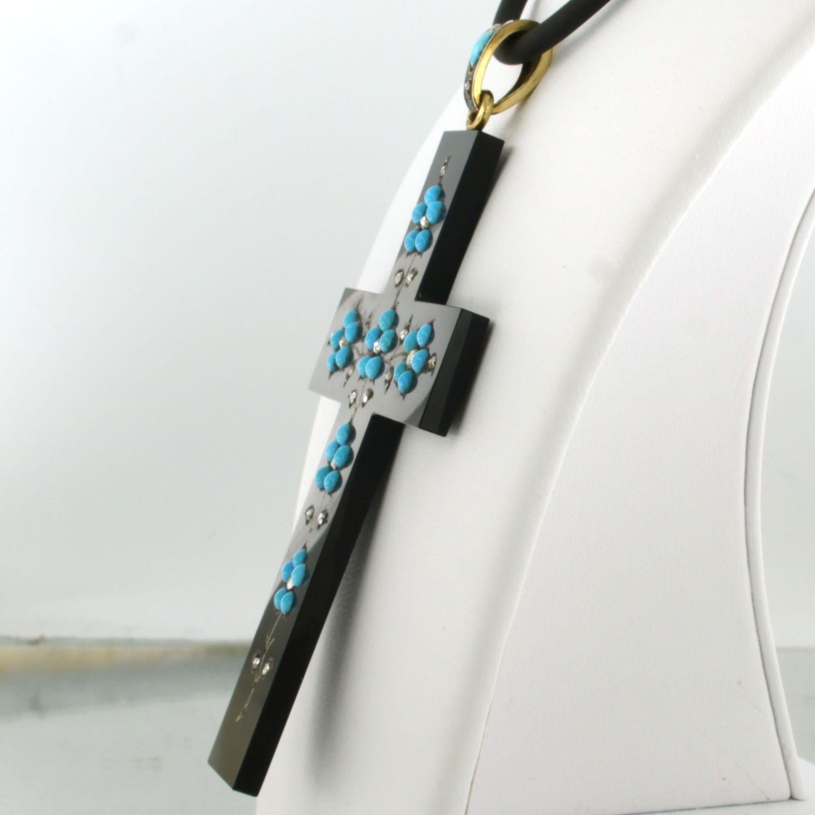 Rose Cut Cross onyx pendant with turquoise and diamond on a rubber necklace 14k/18k gold For Sale