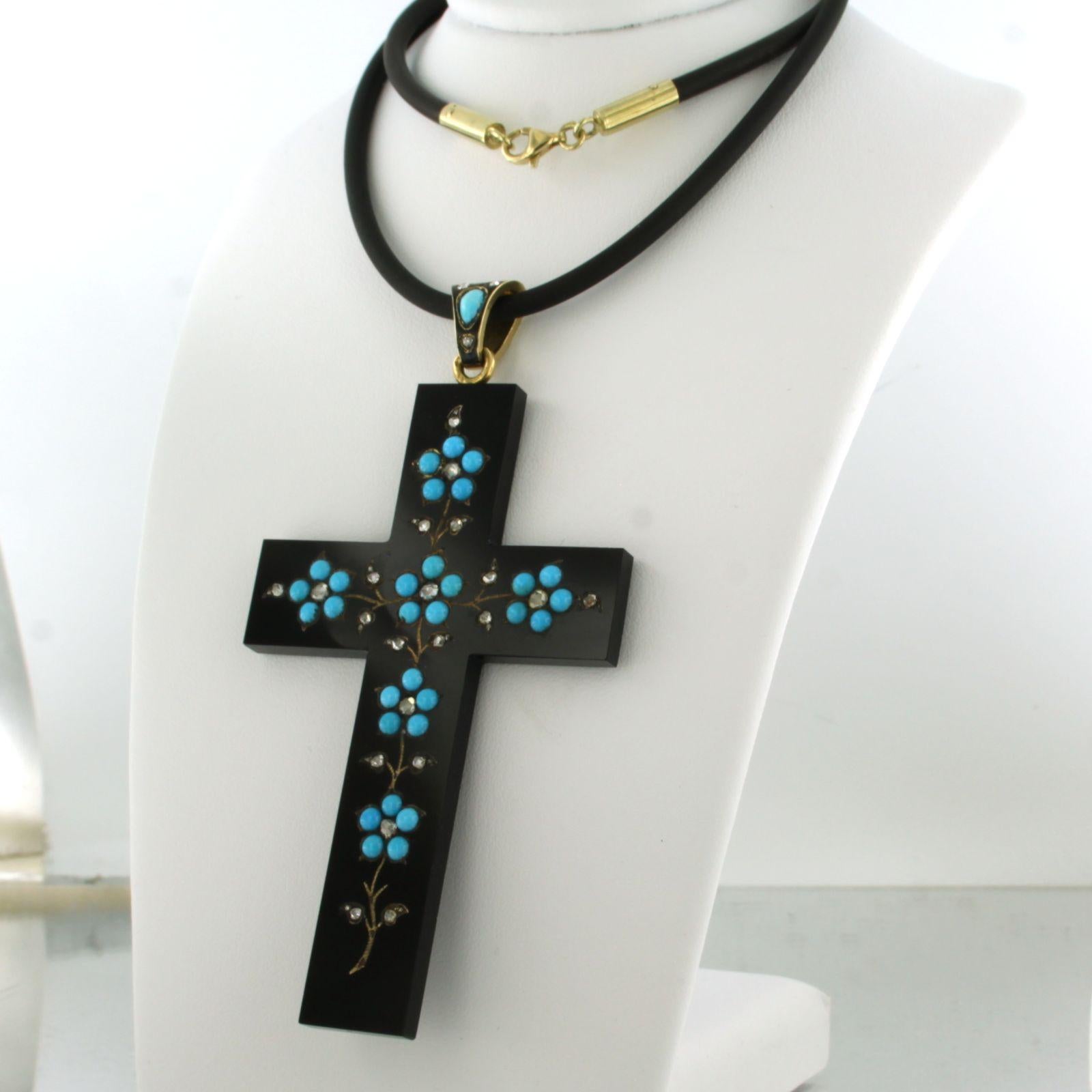 Cross onyx pendant with turquoise and diamond on a rubber necklace 14k/18k gold In Excellent Condition For Sale In The Hague, ZH