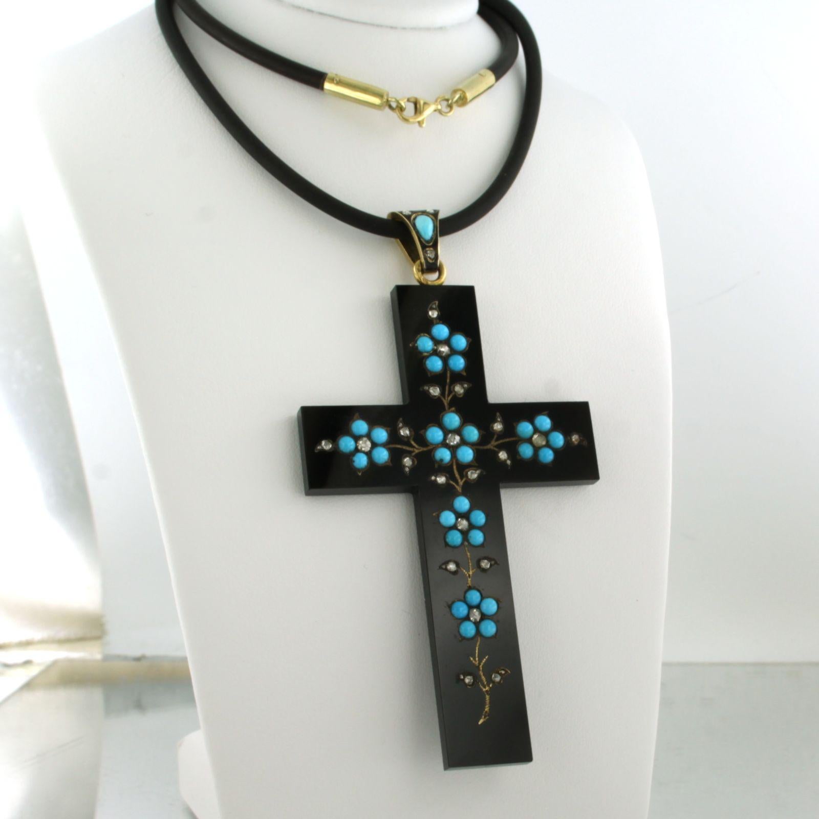 Women's Cross onyx pendant with turquoise and diamond on a rubber necklace 14k/18k gold For Sale
