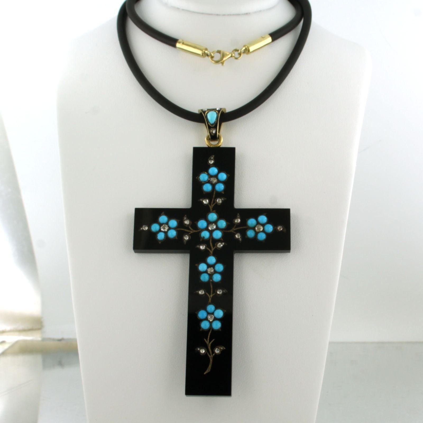 Cross onyx pendant with turquoise and diamond on a rubber necklace 14k/18k gold For Sale 1