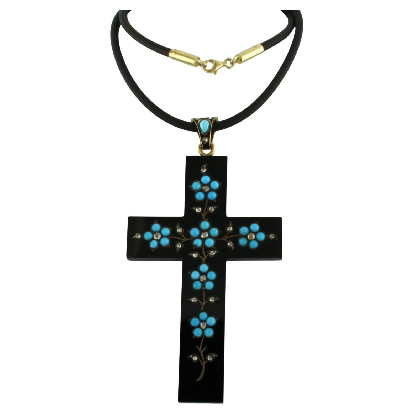 Cross onyx pendant with turquoise and diamond on a rubber necklace 14k/18k gold