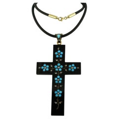 Antique Cross onyx pendant with turquoise and diamond on a rubber necklace 14k/18k gold