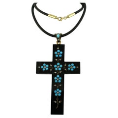 Cross onyx pendant with turquoise and diamond on a rubber necklace 14k/18k gold