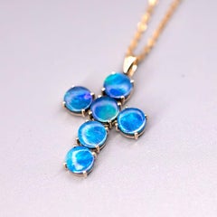 Cross Pendant Australian Doublet Opal Necklace 14K Yellow Gold