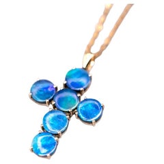 Cross Pendant Australian Doublet Opal Necklace 14K Yellow Gold
