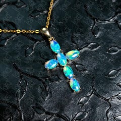 Cross Pendant Australian Solid Opal Necklace 14K Yellow Gold