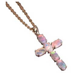 Cross Pendant Australian Solid Opal Necklace 14K Yellow Gold
