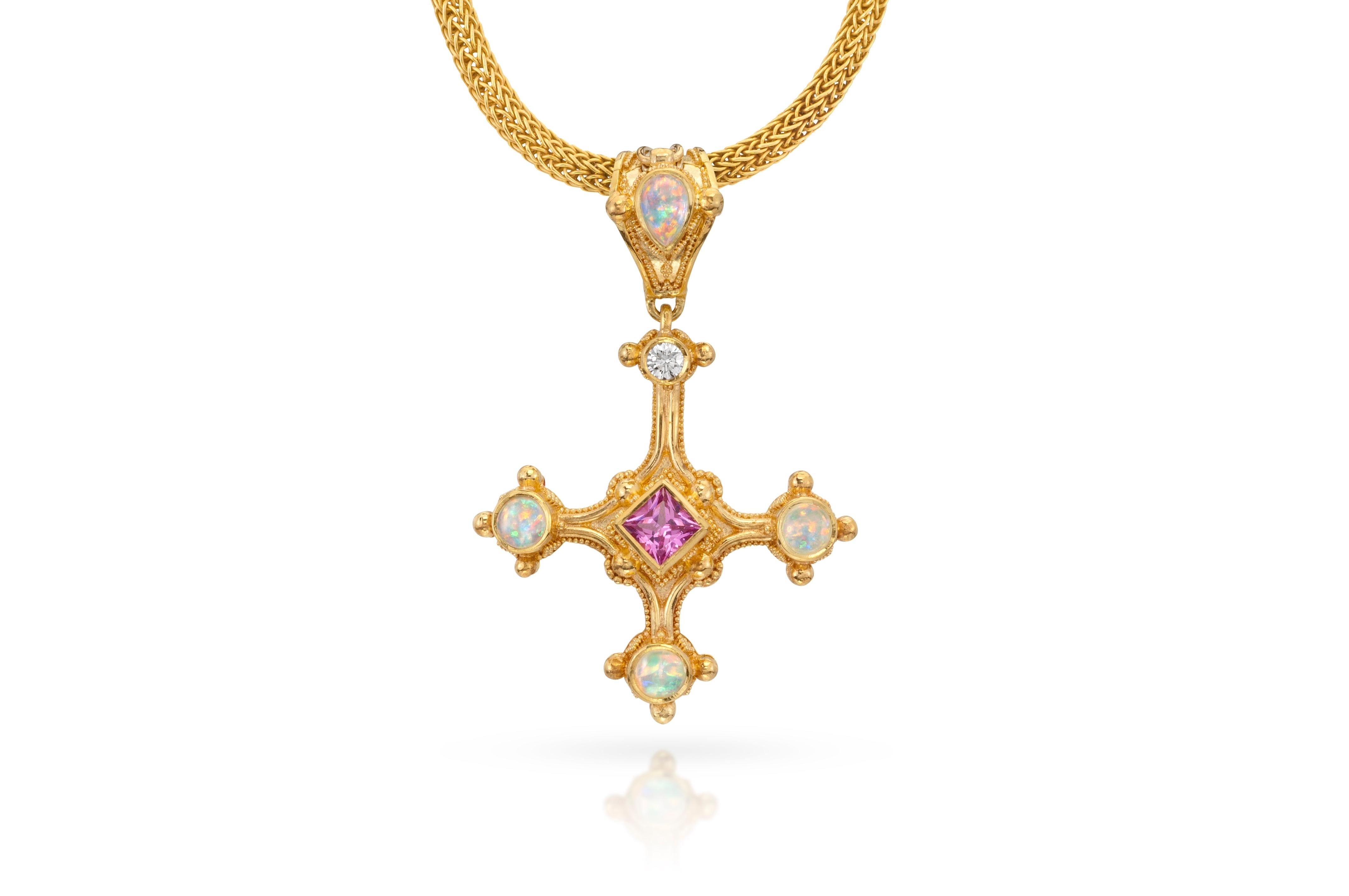 Princess Cut Cross Pendant Blue Sapphire, Aquamarine, Diamond accented with gold granulation