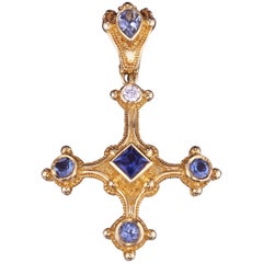 Cross Pendant Blue Sapphire, Aquamarine, Diamond accented with gold granulation