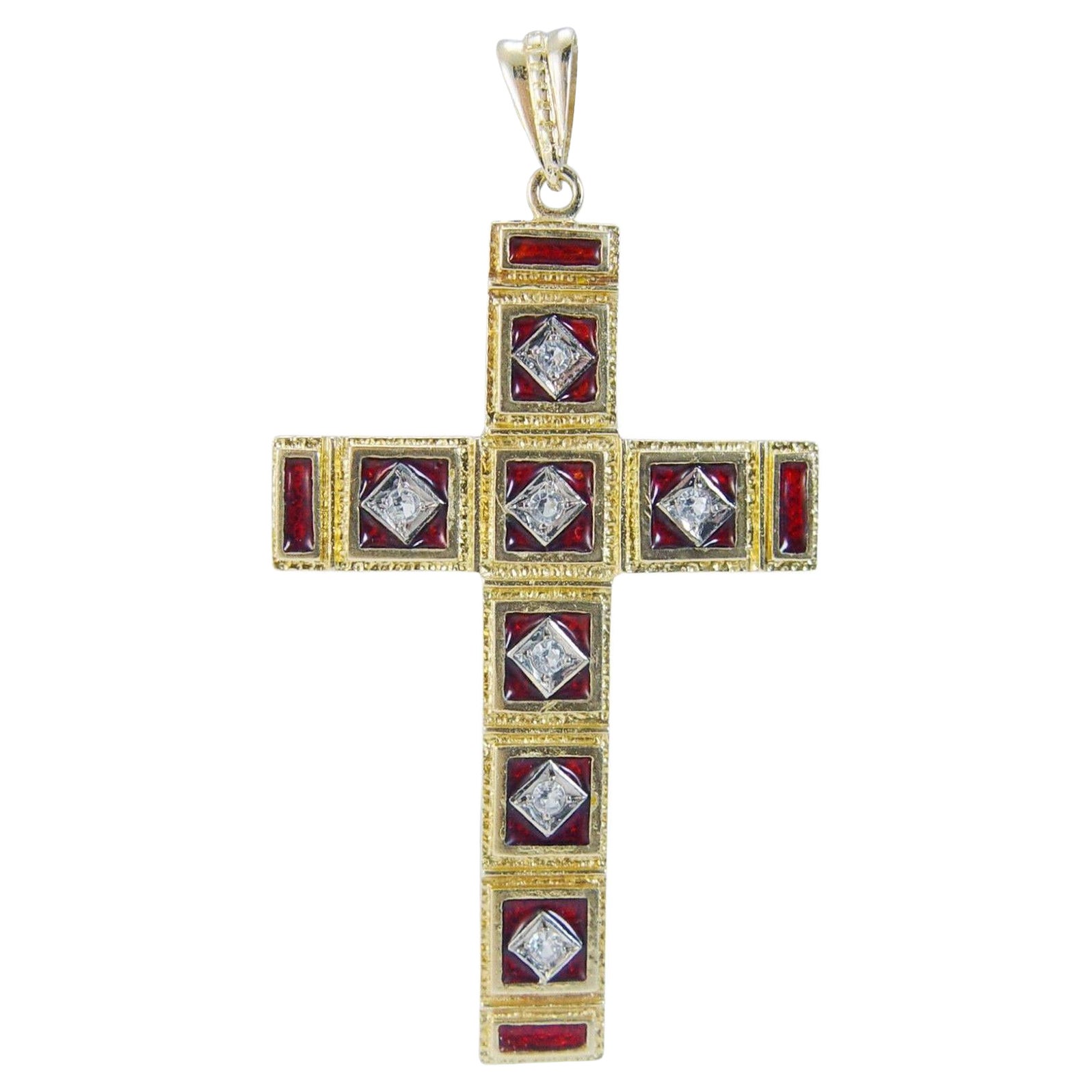 Cross Pendant Diamond Enamel 18K Gold Vintage For Sale