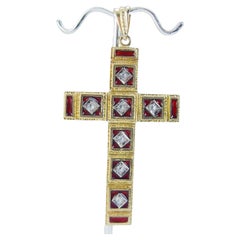 Cross Pendant Diamond Enamel 18K Gold Vintage