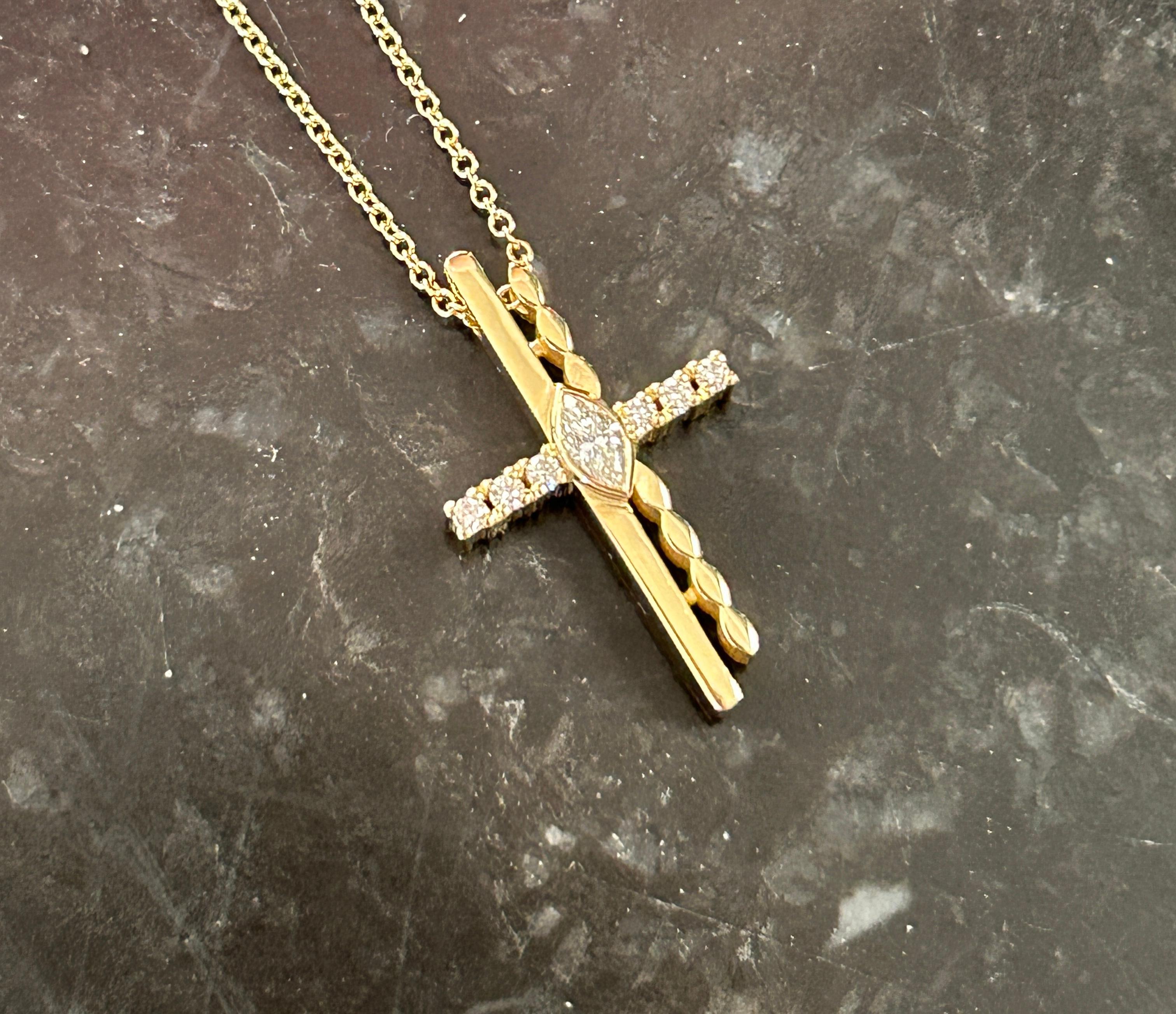Marquise Cut Cross Pendant in 18 Karat Yellow Gold with Diamonds For Sale