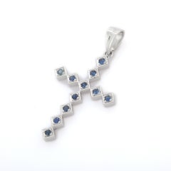Cross Pendant in 18K Solid White Gold and Blue Sapphire Gemstone