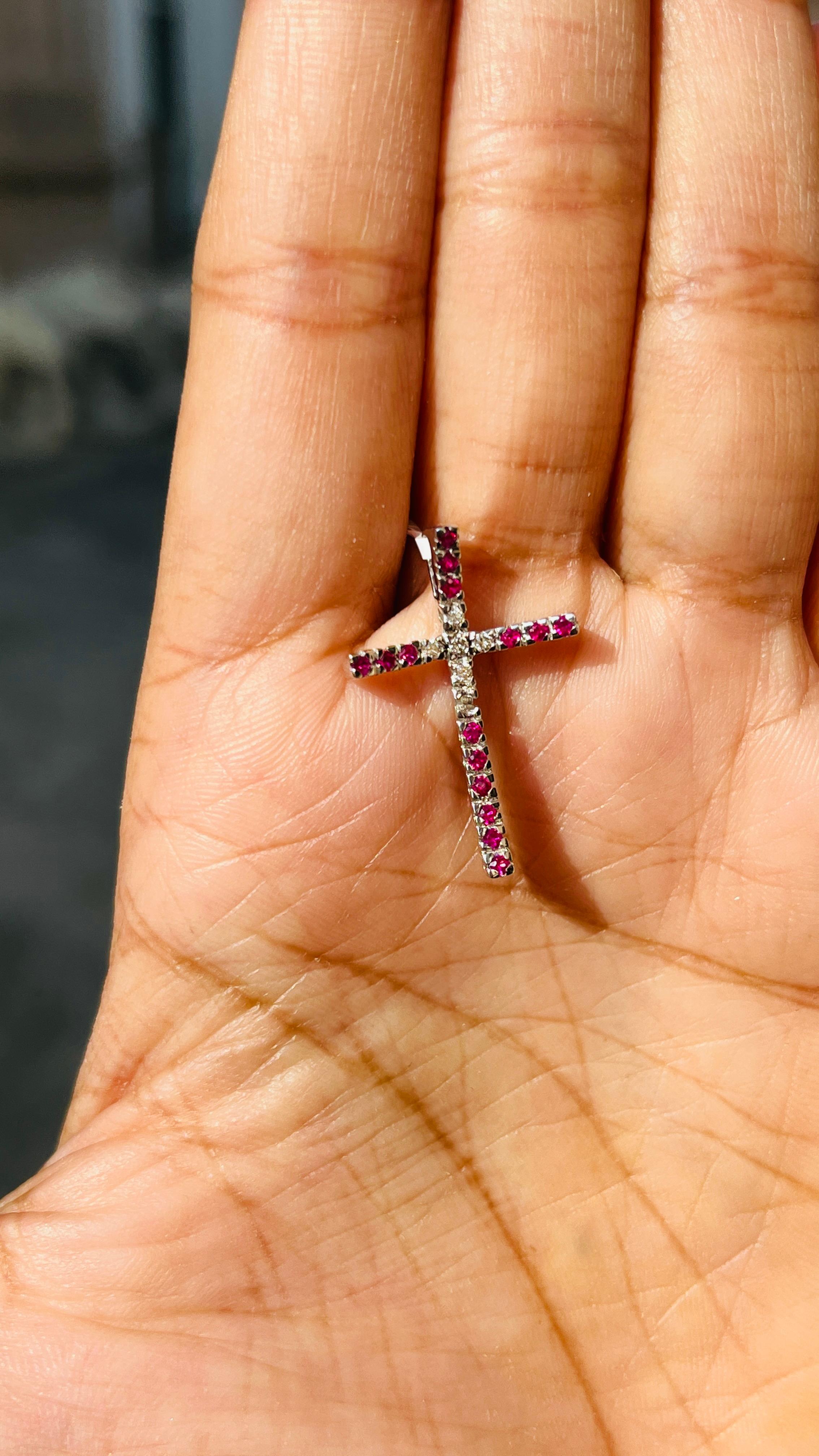 Modern Ruby and Diamond Studded Cross Pendant in 18kt Solid White Gold For Sale