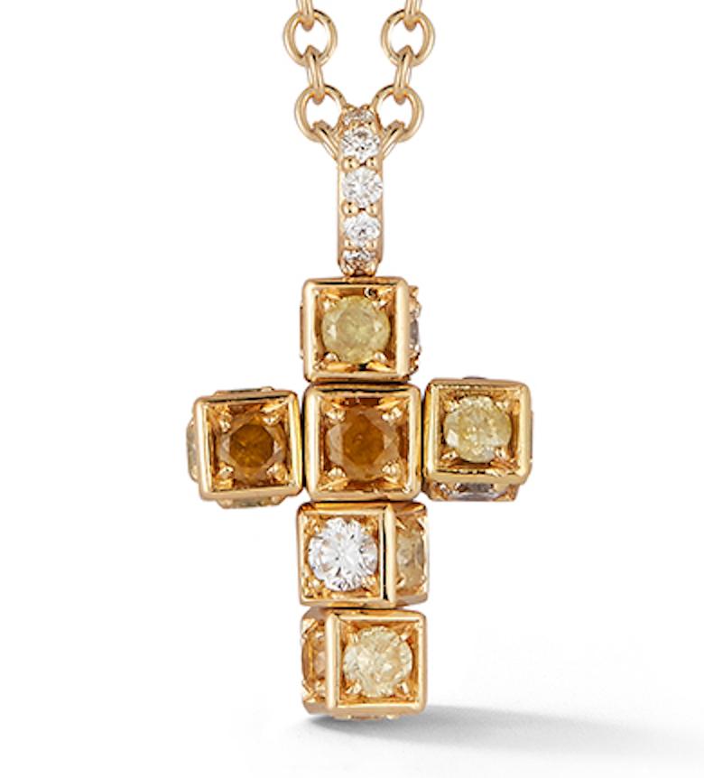 Faro collection cross style pendant in 18K yellow gold with rotating cube elements set with white diamonds (approx. 0.48 carats) and yellow sapphires (approx. 1.78 carats)
