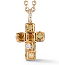 Cross Pendant in 18K Yellow Gold with White Diamonds and Yellow Sapphires