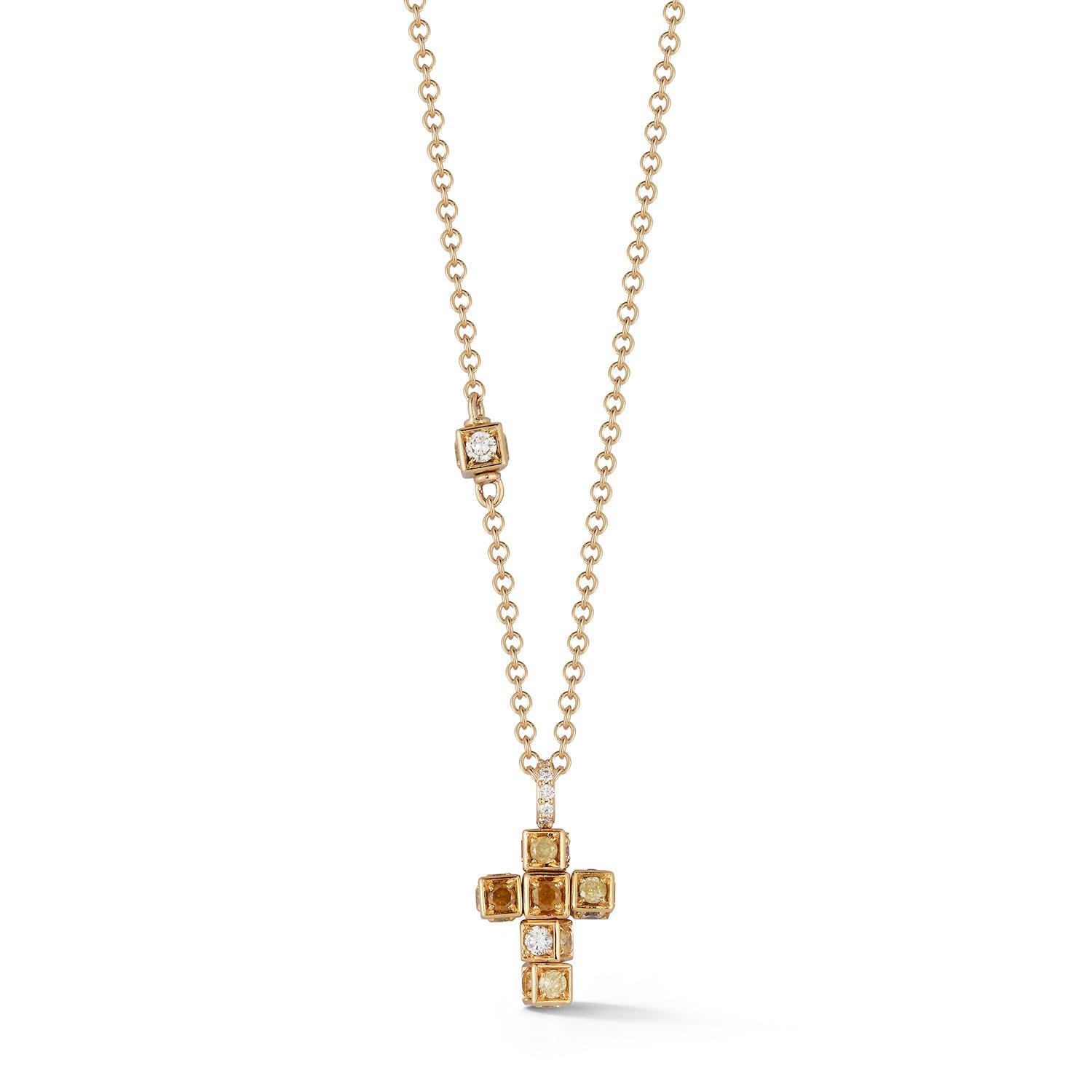 Cross Pendant in 18K Yellow Gold with White Diamonds and Yellow Sapphires In New Condition For Sale In Huntington, NY